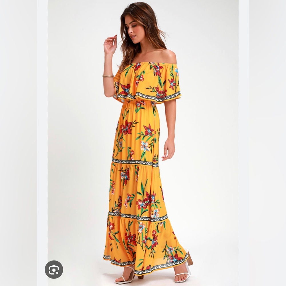 Lulus Cancun Cutie Yellow Off the Shoulder Maxi Dress